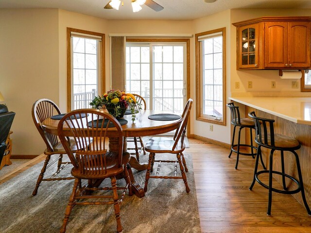 dining space featuring a ceiling fan, baseboards, a wealth of natural light, and light wood-type flooring