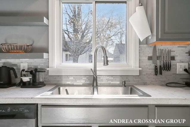 kitchen featuring stainless steel dishwasher, decorative backsplash, a sink, and plenty of natural light