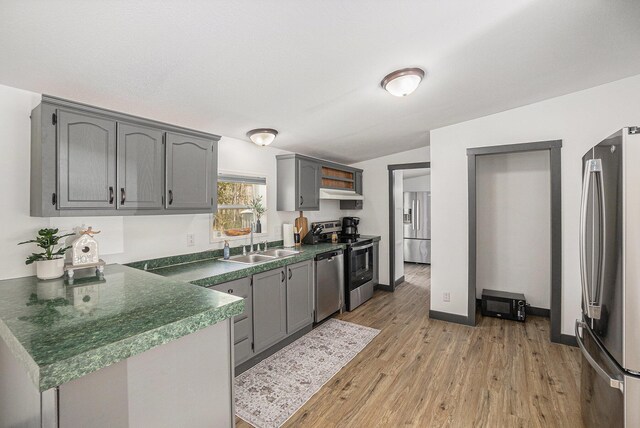 1499 N Apple Dr, White Cloud, MI 49349 - kitchen featuring dark countertops, light wood-type flooring, a peninsula, under cabinet range hood, and stainless steel appliances