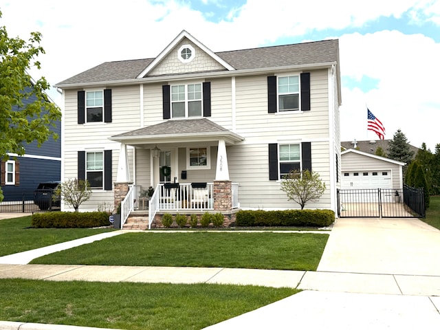view of front of home with an outdoor structure, covered porch, a front yard, a shingled roof, and a detached garage
