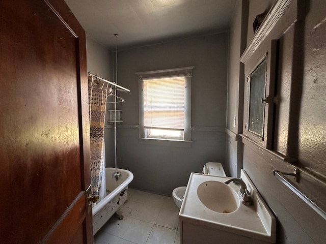 full bathroom with vanity, tile patterned flooring, shower / bath combo, and toilet