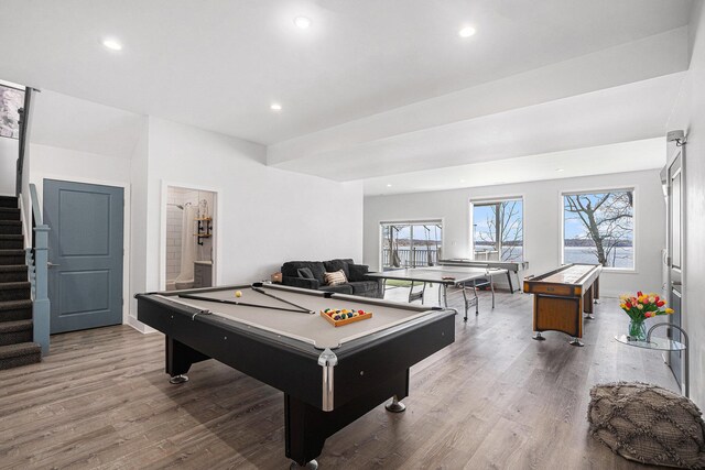 game room with recessed lighting, pool table, and wood finished floors