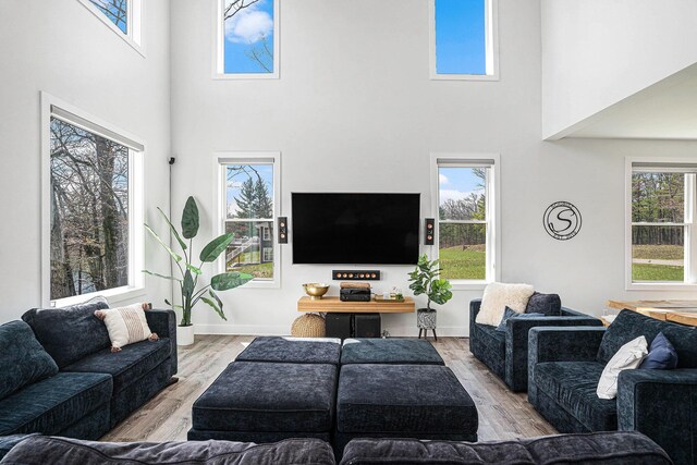 living area with baseboards, a towering ceiling, and wood finished floors