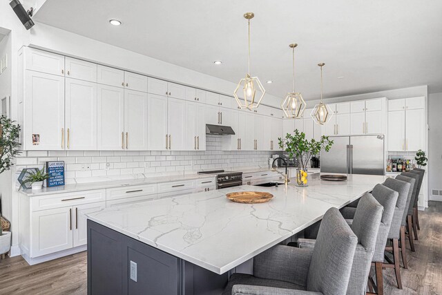 kitchen with under cabinet range hood, premium appliances, decorative backsplash, and wood finished floors