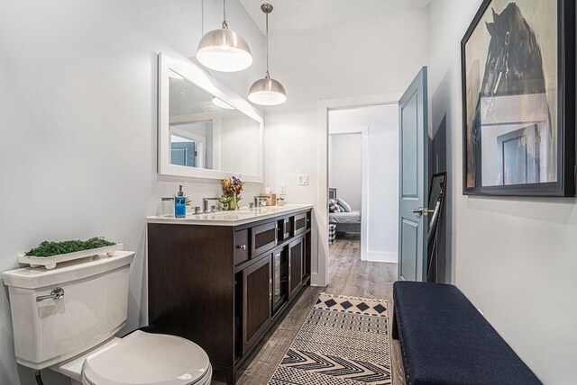 full bathroom with double vanity, wood finished floors, a sink, toilet, and ensuite bathroom
