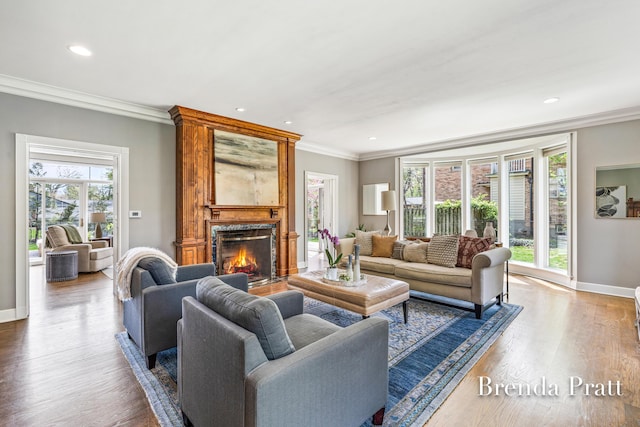 living area with baseboards, a high end fireplace, wood finished floors, and ornamental molding