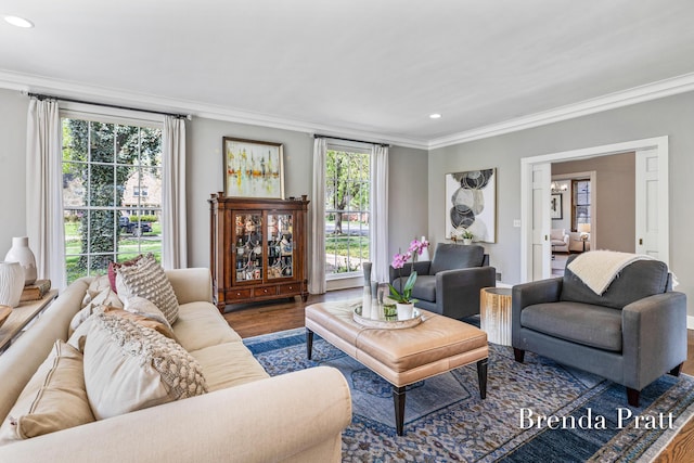 living room featuring plenty of natural light, ornamental molding, and recessed lighting