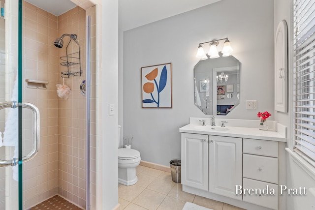 bathroom featuring vanity, tile patterned flooring, a stall shower, and toilet