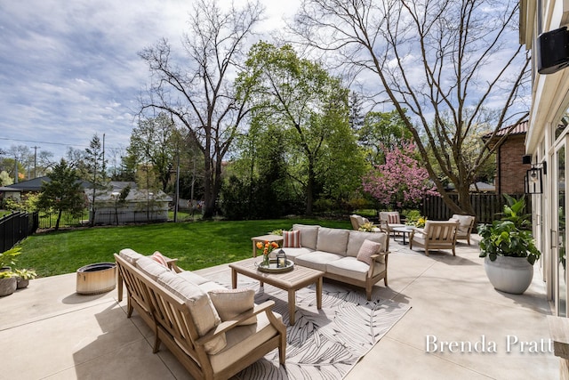 view of patio / terrace featuring a fenced backyard and outdoor lounge area