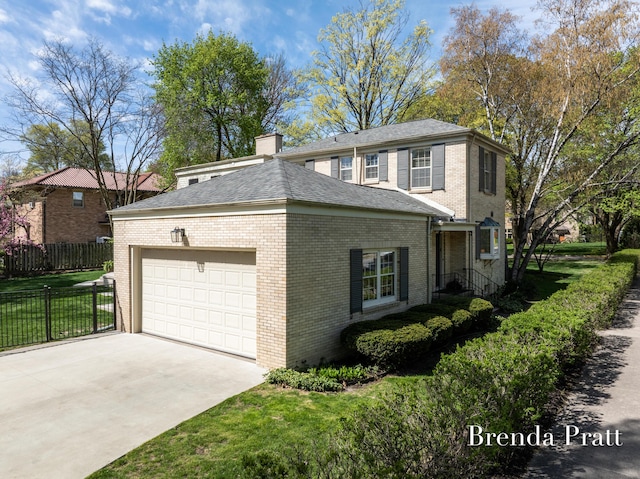 view of home's exterior with driveway, a chimney, brick siding, fence, and an attached garage