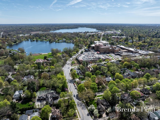 birds eye view of property with a water view and a view of trees