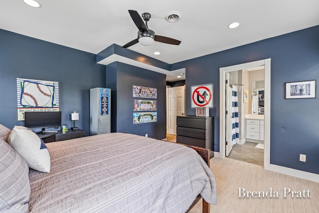 bedroom with recessed lighting, baseboards, visible vents, and carpet