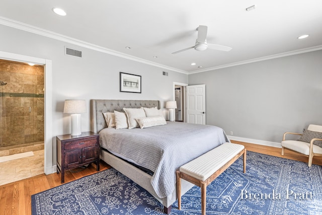 bedroom featuring recessed lighting, baseboards, wood finished floors, visible vents, and ornamental molding