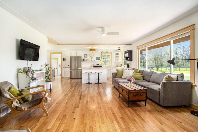 living room with ceiling fan and light wood-type flooring