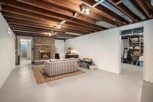 basement with a fireplace