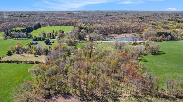 birds eye view of property featuring a view of trees and a water view
