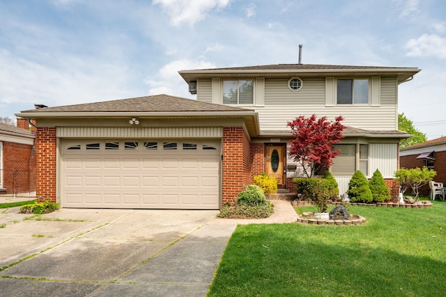 traditional-style home with a garage, concrete driveway, a front lawn, and brick siding