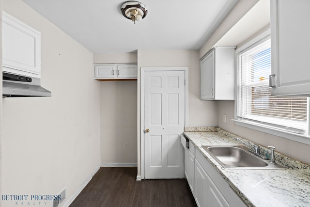 18626 Prevost St, Detroit, MI 48235 - kitchen featuring baseboards, dark wood-style floors, light countertops, under cabinet range hood, and a sink