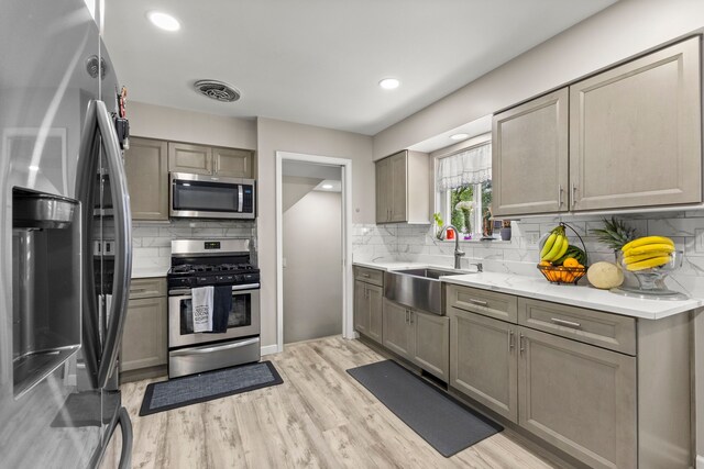kitchen featuring stainless steel appliances, gray cabinets, and a sink