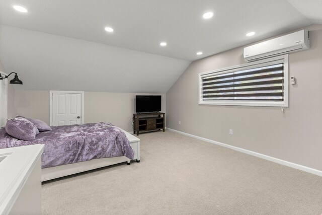 carpeted bedroom with recessed lighting, baseboards, lofted ceiling, and a wall unit AC