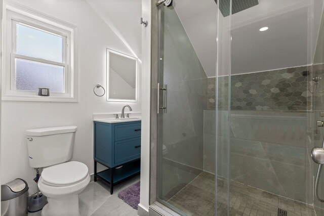 bathroom with toilet, a shower stall, and vanity