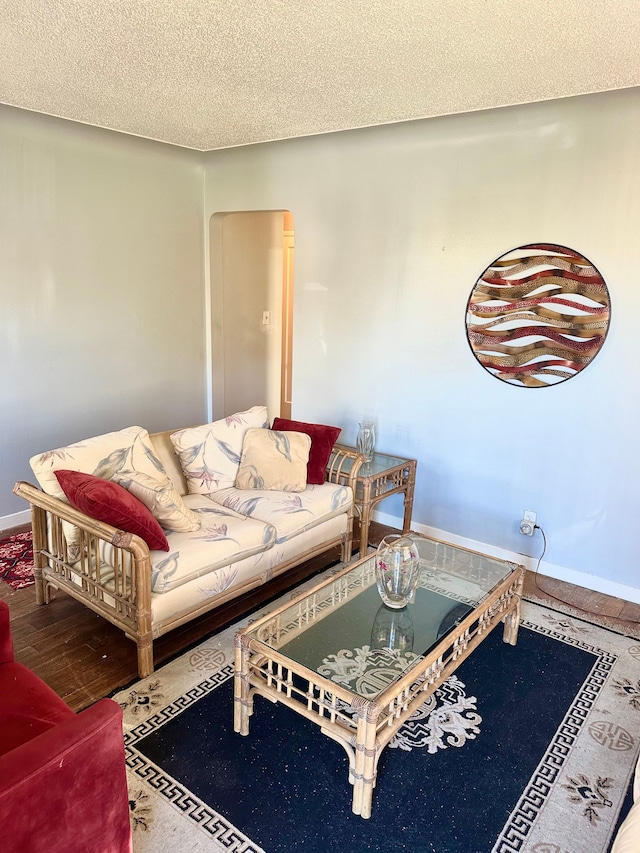 living area featuring baseboards and a textured ceiling