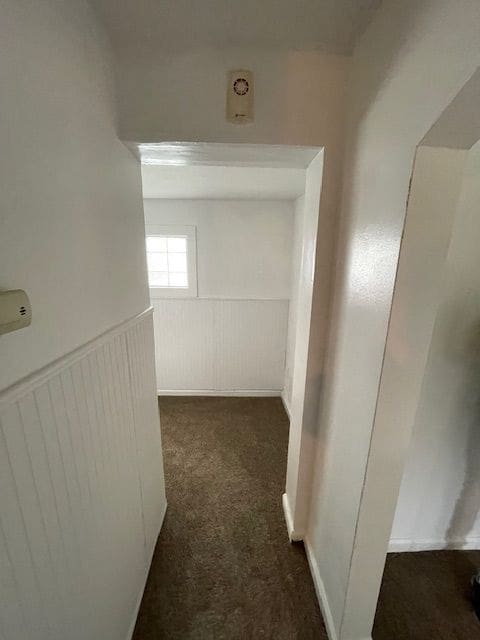 hallway featuring wainscoting and carpet flooring