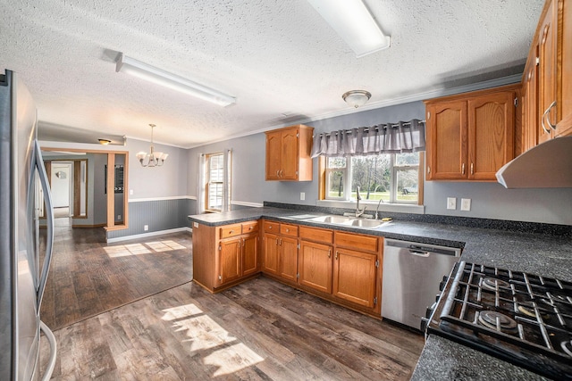 5355 W Remus Rd, Mount Pleasant, MI 48858 - kitchen featuring appliances with stainless steel finishes, a sink, a textured ceiling, plenty of natural light, and a peninsula
