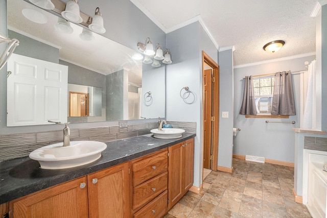 5355 W Remus Rd, Mount Pleasant, MI 48858 - bathroom featuring crown molding, baseboards, visible vents, and a sink