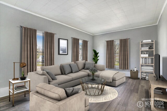 living area with ornamental molding and wood finished floors