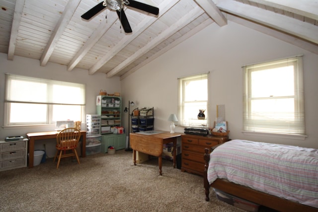 carpeted bedroom featuring wooden ceiling, multiple windows, lofted ceiling with beams, and ceiling fan