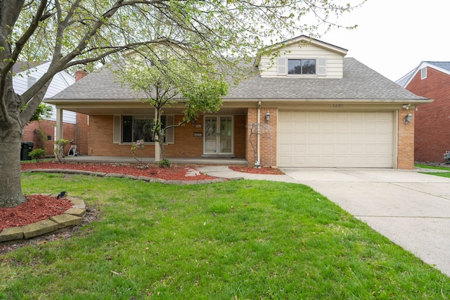 traditional-style home featuring brick siding, roof with shingles, and driveway