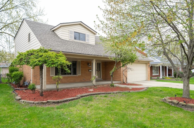 view of front of house with a garage, a porch, driveway, and brick siding