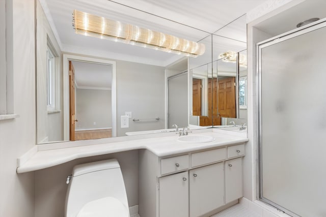 full bath with vanity, toilet, ornamental molding, and a stall shower