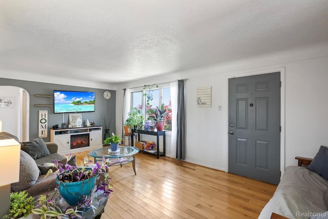 5304 E Frances Rd, Mount Morris, MI 48458 - living room with arched walkways, a glass covered fireplace, light wood finished floors, and a textured ceiling