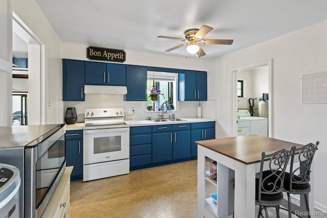5304 E Frances Rd, Mount Morris, MI 48458 - kitchen with electric stove, blue cabinets, a sink, and under cabinet range hood