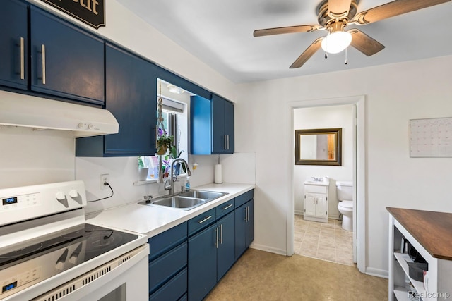 5304 E Frances Rd, Mount Morris, MI 48458 - kitchen with white electric range, a sink, blue cabinetry, and under cabinet range hood