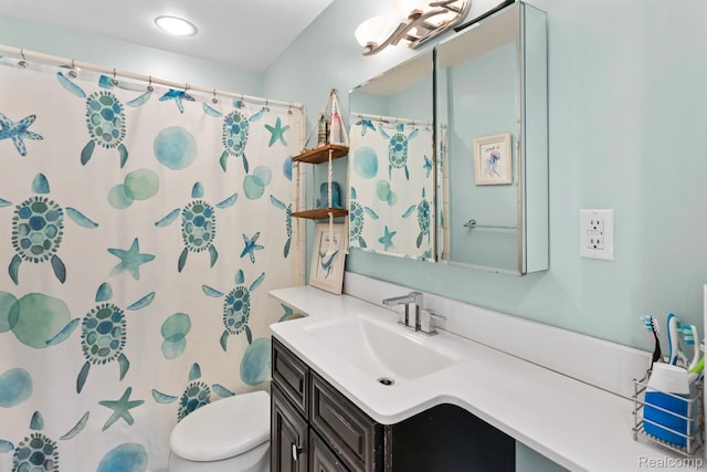 5304 E Frances Rd, Mount Morris, MI 48458 - full bathroom featuring vanity, toilet, and a shower with shower curtain