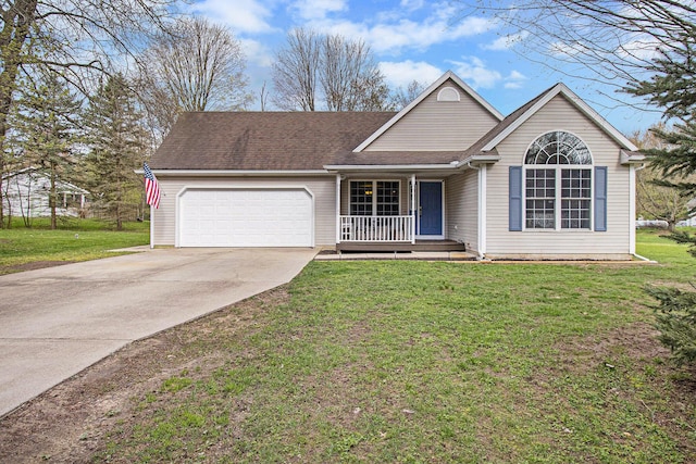 single story home with a porch, concrete driveway, a front lawn, and a garage