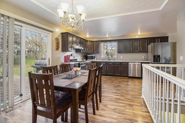 24260 Beacon Hill Ter, Mattawan, MI 49071 - dining space with light wood-style floors, crown molding, visible vents, and a chandelier