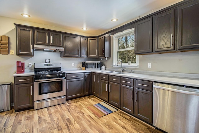 24260 Beacon Hill Ter, Mattawan, MI 49071 - kitchen featuring a sink, light countertops, light wood finished floors, under cabinet range hood, and stainless steel appliances