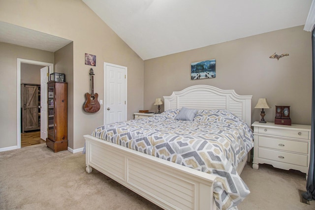 24260 Beacon Hill Ter, Mattawan, MI 49071 - bedroom with baseboards, vaulted ceiling, and light colored carpet