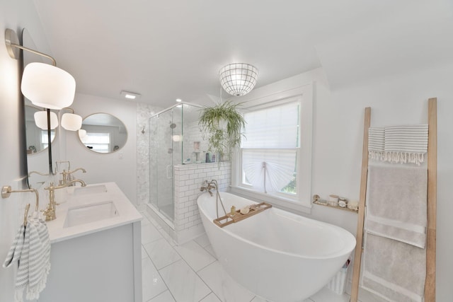 61412 Walnut St, Cassopolis, MI 49031 - full bath with double vanity, a sink, a freestanding bath, and a shower stall