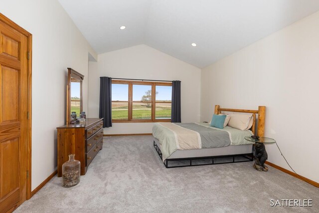 bedroom with light colored carpet, baseboards, vaulted ceiling, and recessed lighting