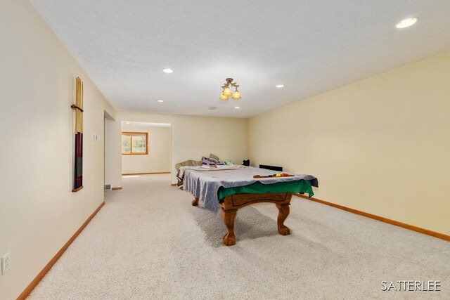 playroom featuring carpet floors, recessed lighting, baseboards, and billiards