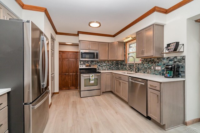 kitchen with appliances with stainless steel finishes, a sink, light wood finished floors, decorative backsplash, and ornamental molding