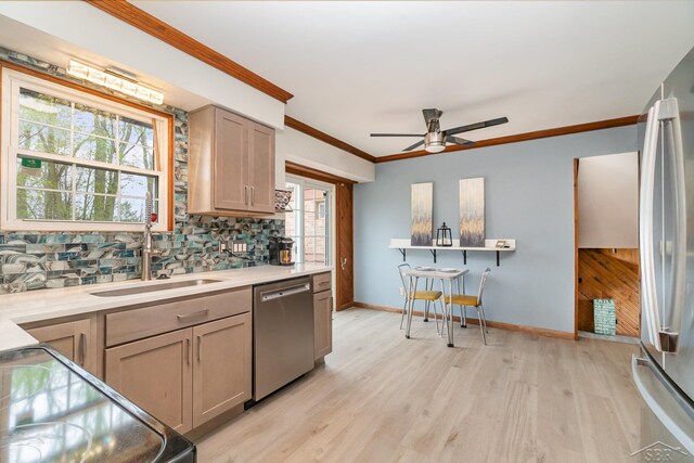 kitchen with a ceiling fan, crown molding, tasteful backsplash, a sink, and stainless steel appliances