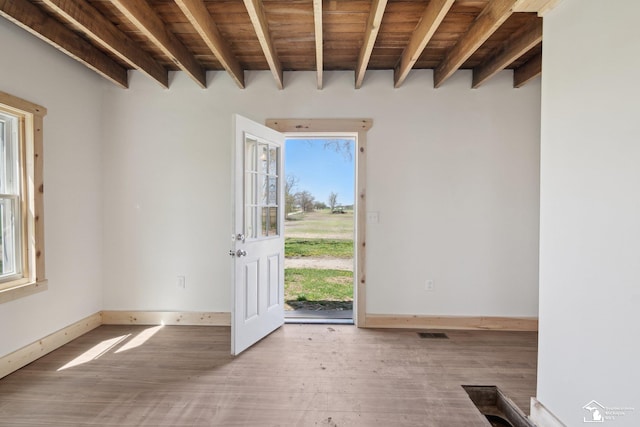 13280 Burt Rd, Pittsford, MI 49271 - foyer featuring visible vents, wood finished floors, beamed ceiling, baseboards, and wood ceiling