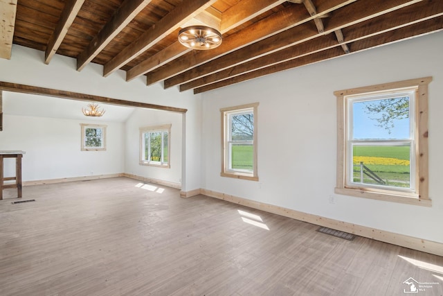 13280 Burt Rd, Pittsford, MI 49271 - interior space featuring visible vents, wood finished floors, wooden ceiling, and beamed ceiling
