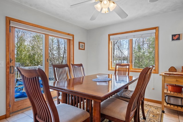 7734 N Shore Ct, Grawn, MI 49637 - dining room featuring light tile patterned flooring, baseboards, ceiling fan, and a healthy amount of sunlight